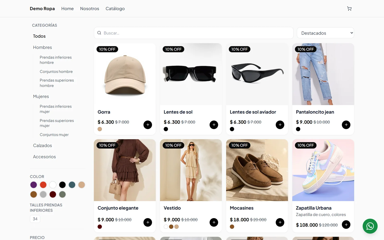 Catálogo online de indumentaria con categorías, filtros por color, talle y precio, y productos con descuento